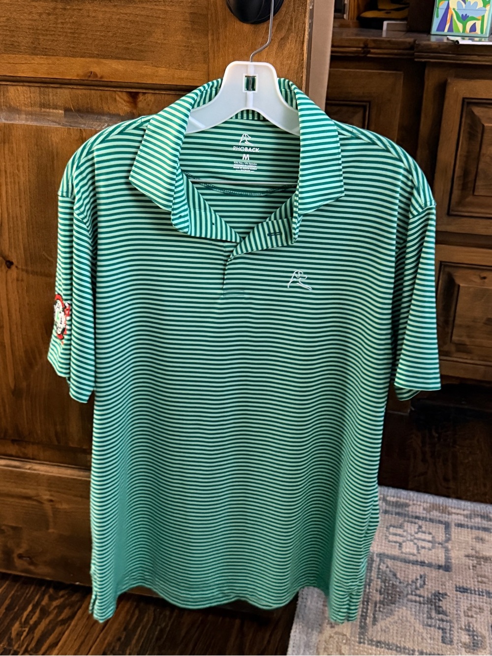 Rhoback Men's Green White Striped Emerald Society Performance Golf Polo Medium